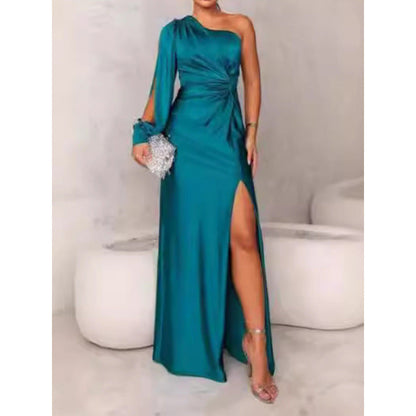 Women’s Maxi Dress – Satin Finish – One Shoulder – High Slit – Ruched Waist – Slim Fit