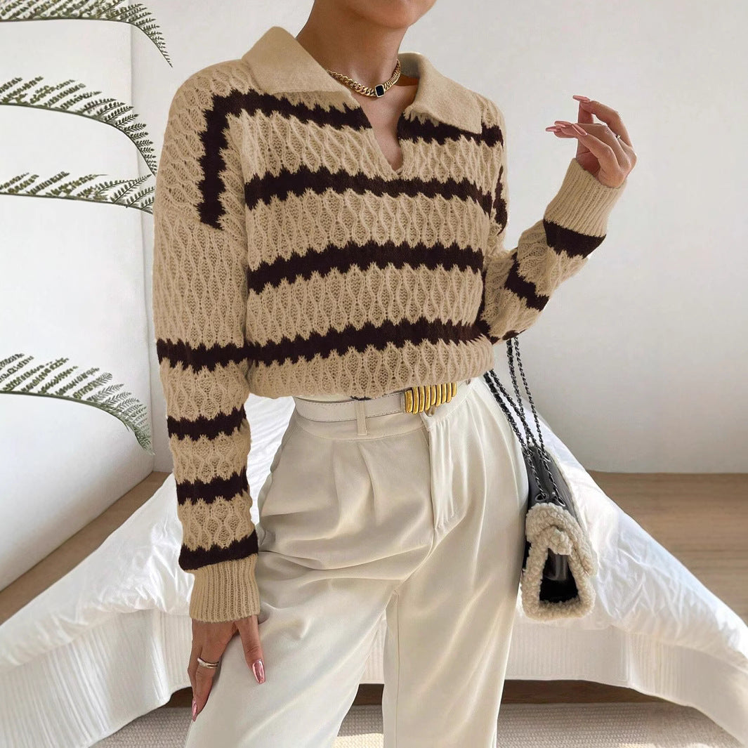 Women’s Pullover Sweater – Relaxed Fit – Polo Collar – Knit Striped Design – Long Sleeve