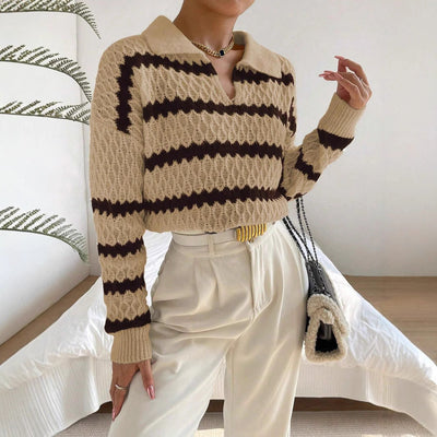 Women’s Pullover Sweater – Relaxed Fit – Polo Collar – Knit Striped Design – Long Sleeve