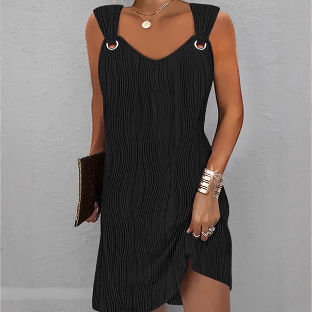 Women’s Mini Dress – Slim Fit – Soft Knit – V-Neck – Wave Pattern