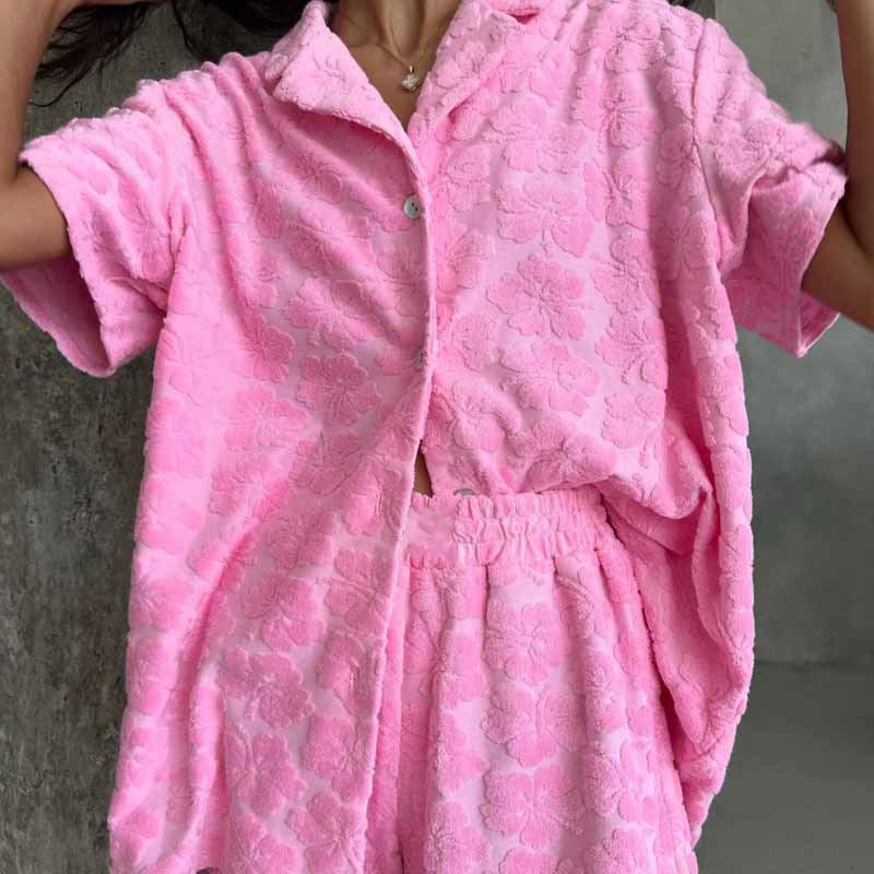 Women’s Pajama Set – Soft Knit Jacquard – Relaxed Fit – Button-Up Top & Elastic Shorts