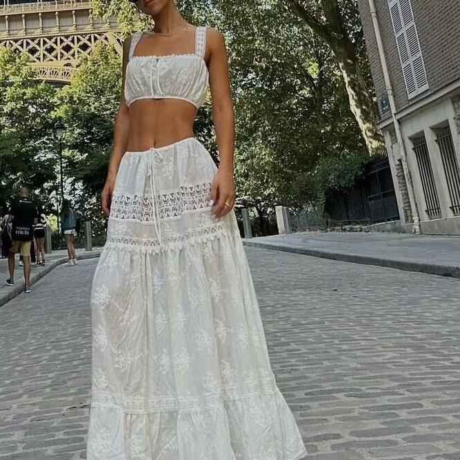 Women’s Two-Piece Set – Off Shoulder Crop Top – High Waist Tiered Maxi Skirt