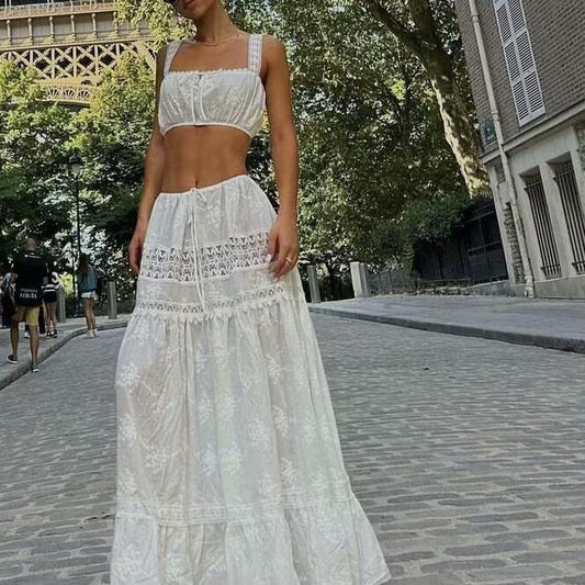 Women’s Two-Piece Set – Off Shoulder Crop Top – High Waist Tiered Maxi Skirt