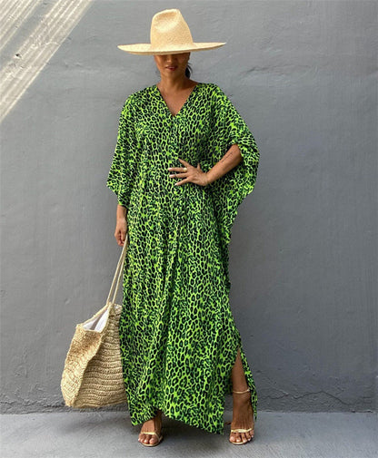 Women’s Kaftan Dress – Relaxed Fit – V-Neck – Animal Print – Breathable Blend