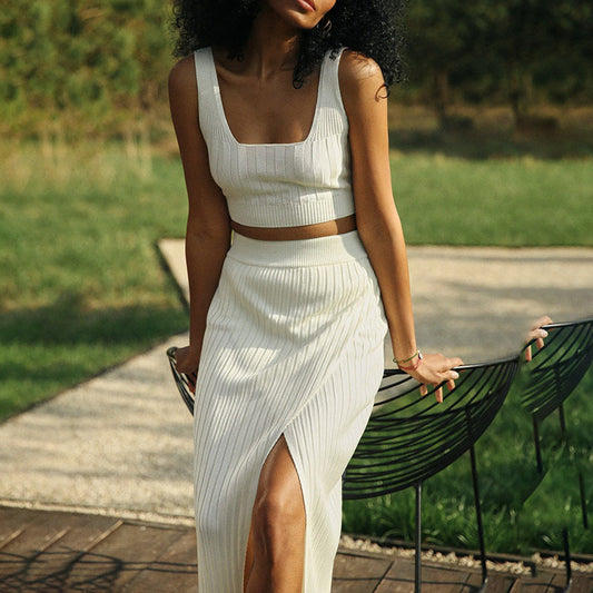 Women’s Two-Piece Set – Ribbed Texture – High Waist – Slim Fit – Mid Length with Slit