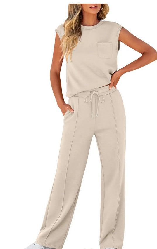 Women’s Two-Piece Set – Sleeveless Top – Drawstring Waist – Relaxed Fit Cotton Blend