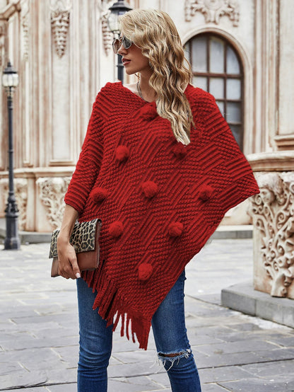 Women’s Shawl Sweater – Relaxed Fit – Knit Wool – Fur Ball & Tassel Trim