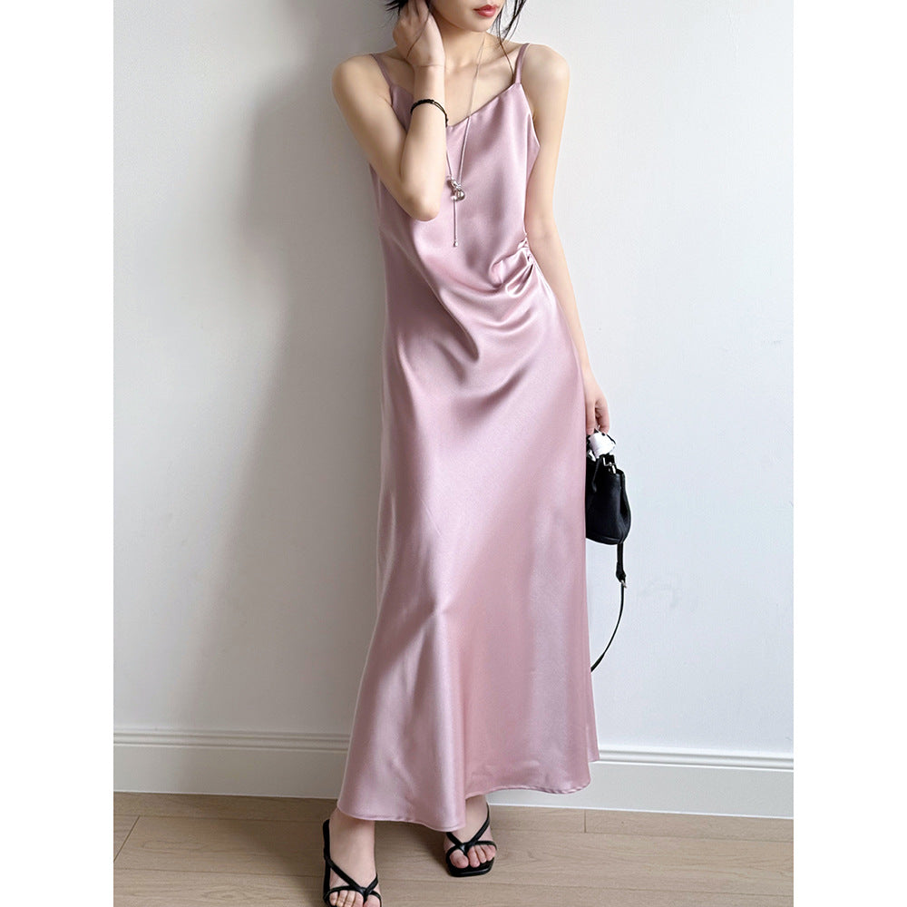 Women’s Camisole Dress – Satin Fabric – A-Line Fit – Spaghetti Straps – Full Length