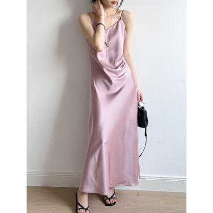 Women’s Camisole Dress – Satin Fabric – A-Line Fit – Spaghetti Straps – Full Length