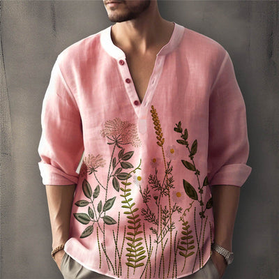 Men’s Henley Shirt – Relaxed Fit – Floral Embroidery – Cotton