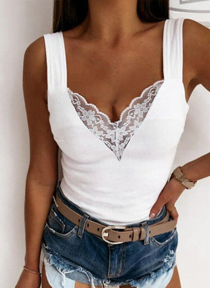 Women's Sleeveless Top - Lace V-Neck - Fitted Lightweight Casual Wear