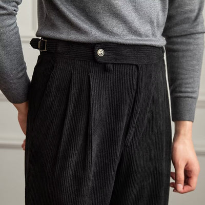 Men’s Corduroy Trousers – High Waist – Straight Fit – Pleated Front – Full Length