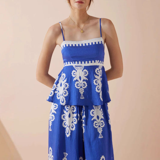 Women’s Two-Piece Set – Cotton Blend – Peplum Top with Spaghetti Straps – Wide Leg Trousers