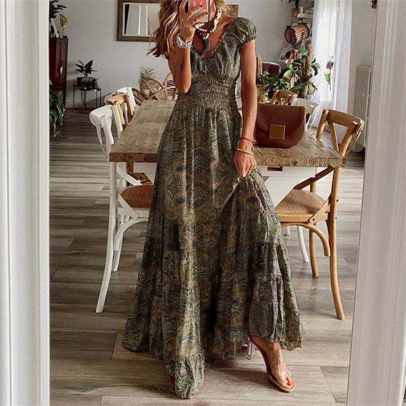 Women’s Maxi Dress – V-Neck – Smocked Bodice – Tiered Skirt – Cotton Blend – Relaxed Fit