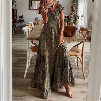 Women’s Maxi Dress – V-Neck – Smocked Bodice – Tiered Skirt – Cotton Blend – Relaxed Fit