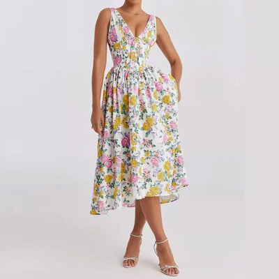 Women’s Midi Dress – V-Neck – A-Line Fit – Spaghetti Straps – Floral Print – Lightweight