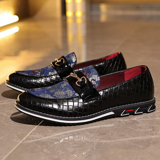 Men’s Loafers – Textured Leather – Woven Panel – Slip-On – Metal Bit Detail
