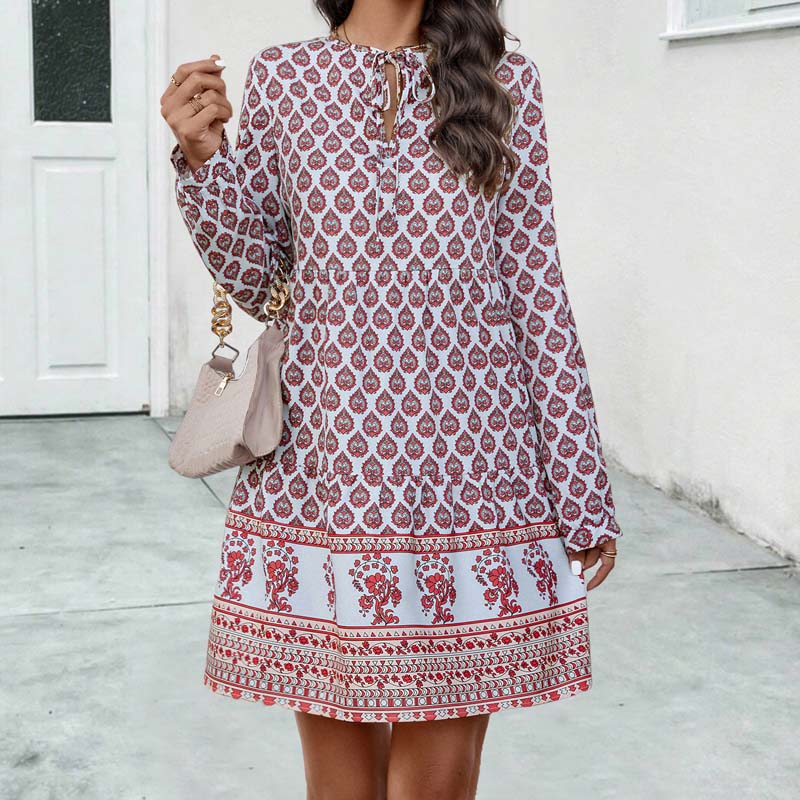 Women's Boho Midi Dress - Flowy Fit - Long Sleeve - Keyhole Neckline - Printed Pattern