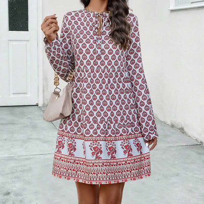 Women's Boho Midi Dress - Flowy Fit - Long Sleeve - Keyhole Neckline - Printed Pattern
