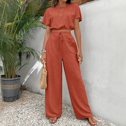 Women’s Two-Piece Set – Crop Top Batwing Sleeve – Wide-Leg Drawstring Trousers