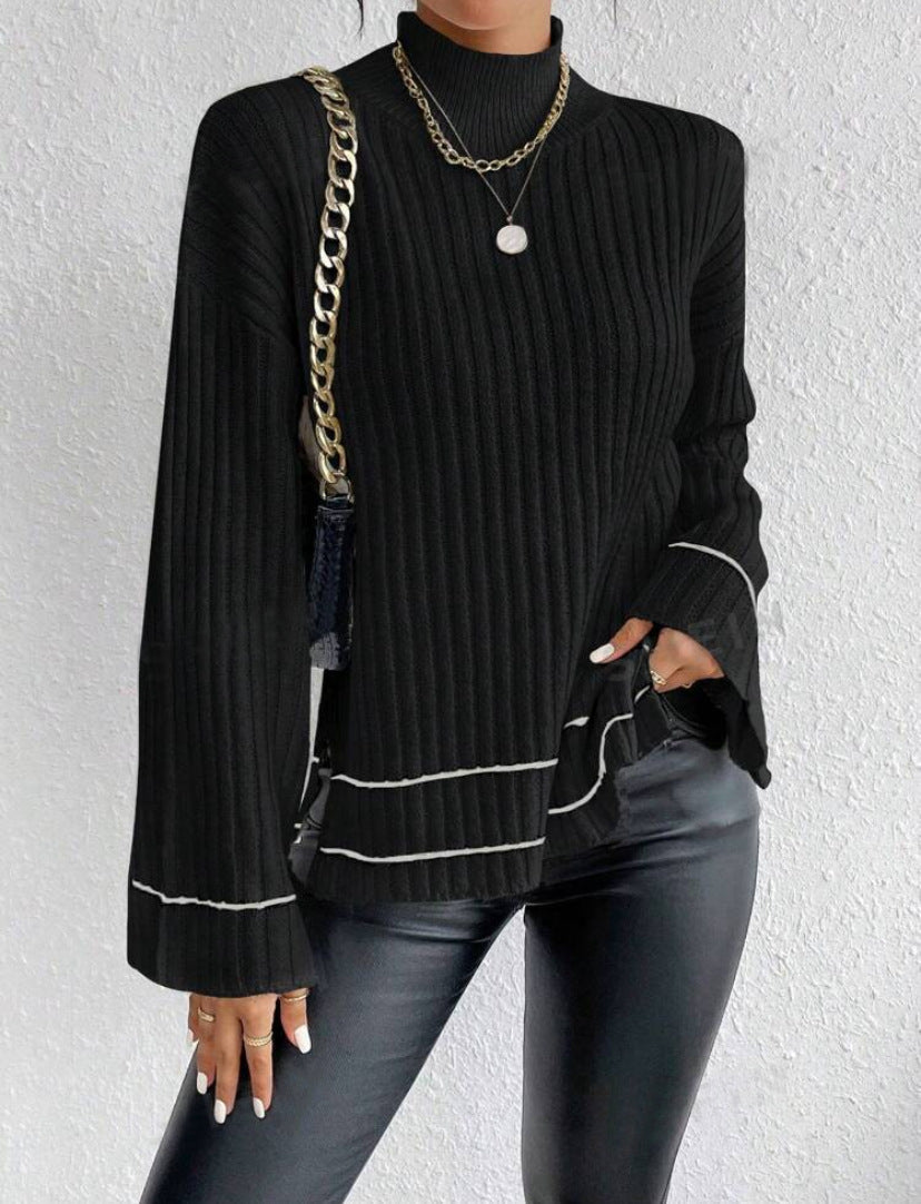Women’s Knitted Sweater – Oversized Fit – Ribbed Mock Neck – Flared Long Sleeves