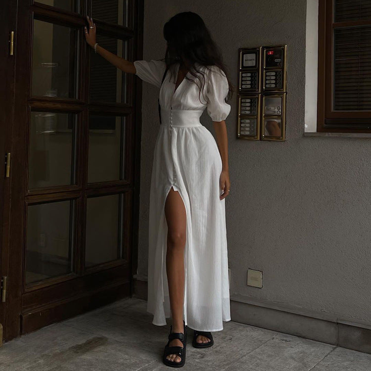 Women's Maxi Dress - Puff Sleeve V-Neck - Front Side Slit