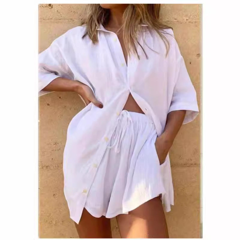 Women’s Shirt and Shorts Set – Linen Blend – Oversized Fit – Elastic Waist Casual Wear