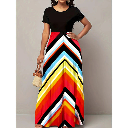 Women’s Maxi Dress – A-Line Fit – Chevron Skirt – Short Sleeve