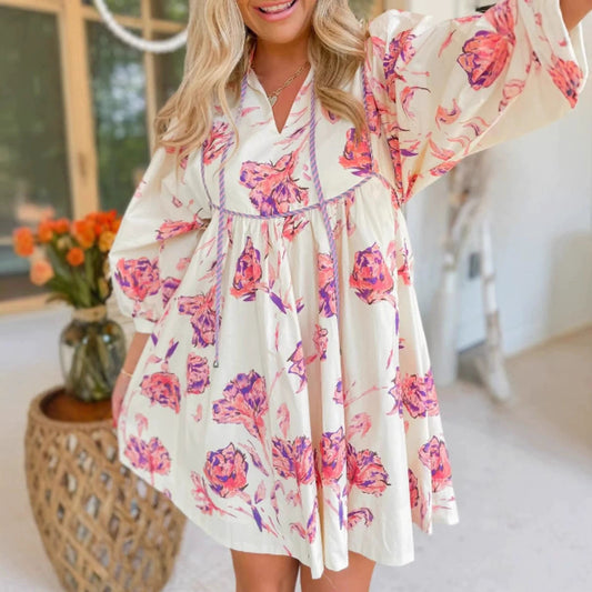 Women’s Short Dress – Cotton Blend – Puff Sleeve – V-Neck – Floral Print – Cinched Waist