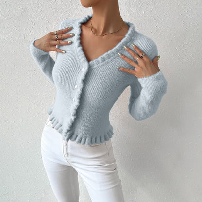Women’s V-Neck Cardigan – Slim Fit Knit – Pearl Buttons – Ruffle Trim – Waist Length