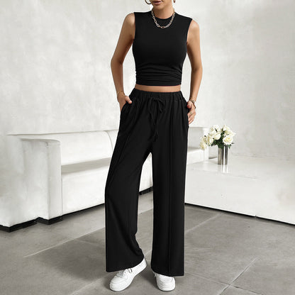 Women’s 2-Piece Set – Sleeveless Crop Top – Wide-Leg Pants – Lightweight Stretch Fabric