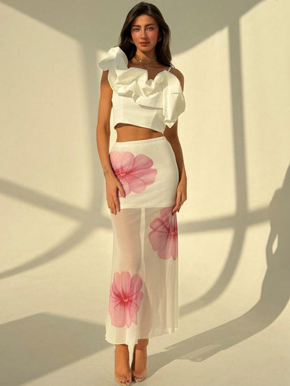 Women’s Long Skirt – Mermaid Fit – Mesh Fabric – Sheer Floral Print – Ankle Length