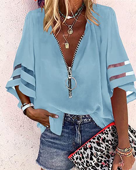 Women’s Zip-Up Blouse – Relaxed Fit – Slit Elbow Sleeves – V-Neck