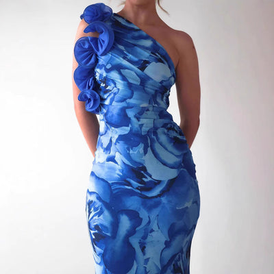 Women’s Midi Dress – Slim Fit – One Shoulder – 3D Floral Shoulder – Satin-Like Fabric