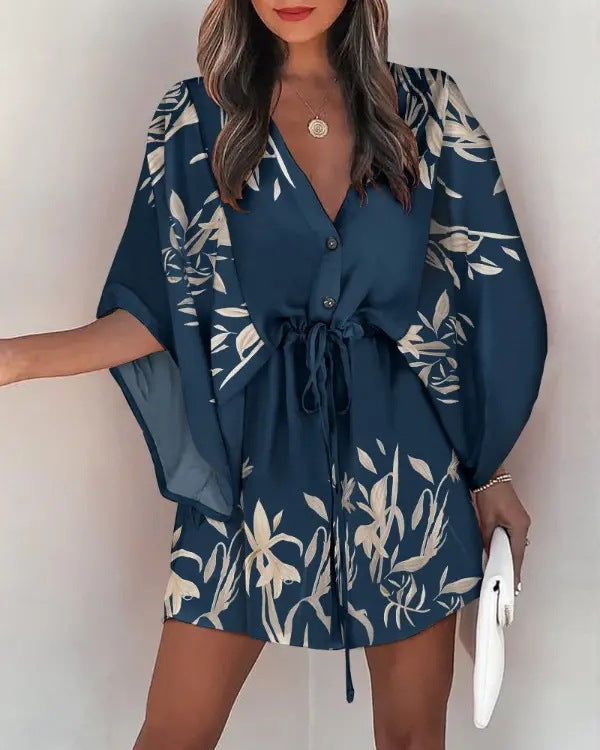 Women’s Mini Dress – V-Neck – Lace-Up Waist – Flutter Sleeve – Flowy Fit