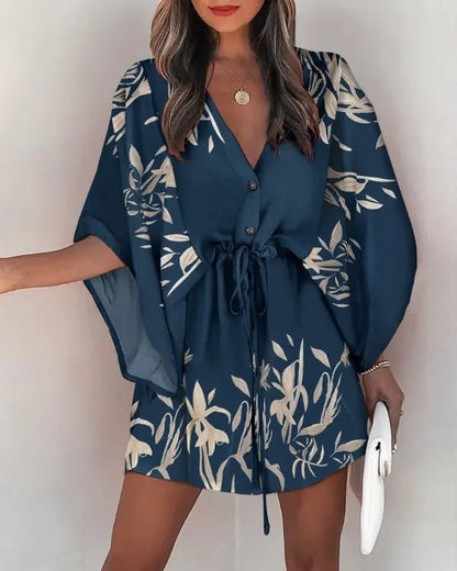 Women’s Mini Dress – V-Neck – Lace-Up Waist – Flutter Sleeve – Flowy Fit