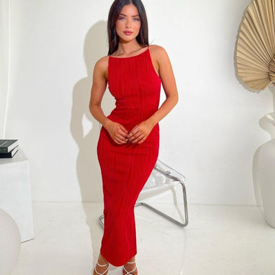 Women’s Sleeveless Midi Dress – Slim Fit – Backless – Textured Water Ripple Fabric