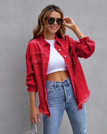 Women’s Denim Jacket – Oversized Fit – Distressed Mid Length – Casual Layering Piece