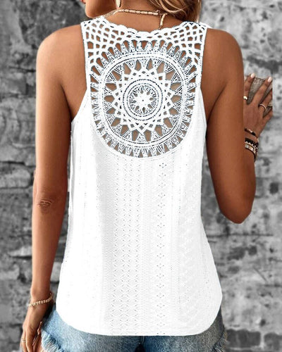 Women’s Sleeveless Top – Relaxed Fit – V-Neck – Crochet Trim – Cotton