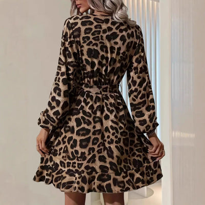 Women’s Wrap Midi Dress – Tailored Fit – V-Neck – Tie Waist – Balloon Sleeve – Leopard Print