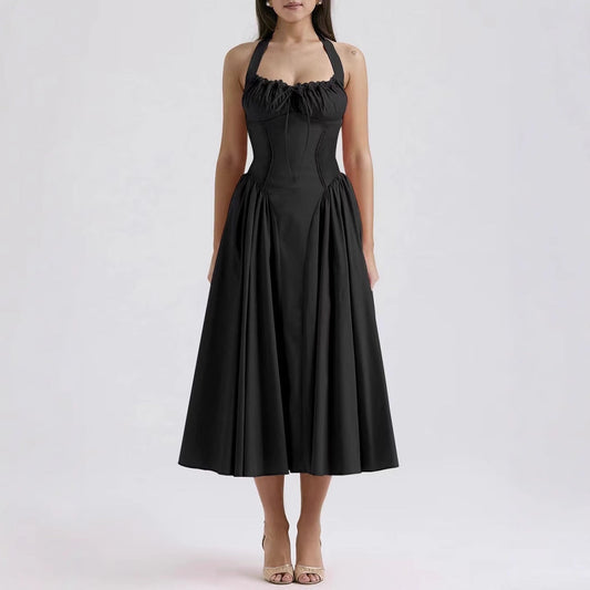 Women’s Halter Neck Dress – Slim Fit – Backless – Gathered Bodice – Flared Midi Skirt