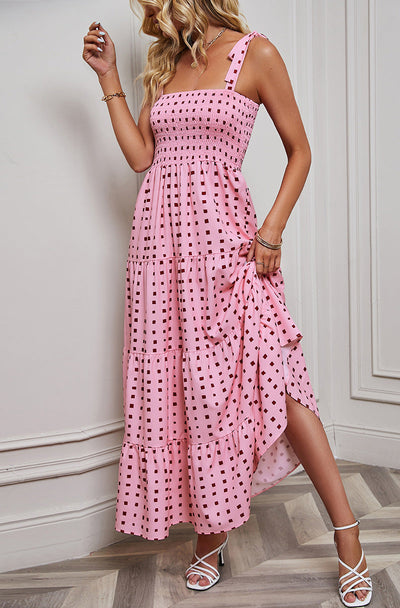 Women’s Maxi Dress – Smocked Bodice – Tie Straps – Tiered Skirt – Backless Elegant Fit
