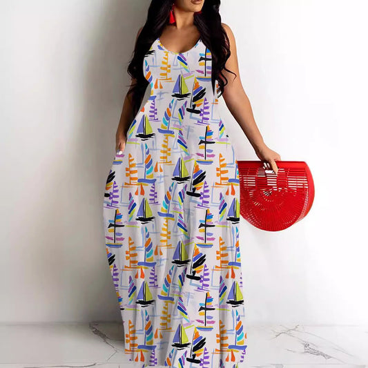 Women’s Maxi Dress – Flowy Fit – Deep V Neck – Spaghetti Straps – Abstract Print