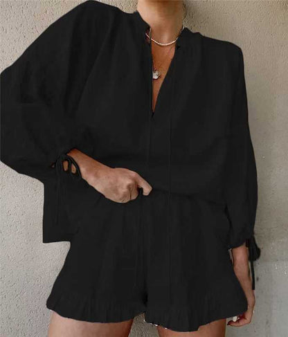 Women's Two-Piece Set - V-Neck Lantern Sleeve - Casual Shorts