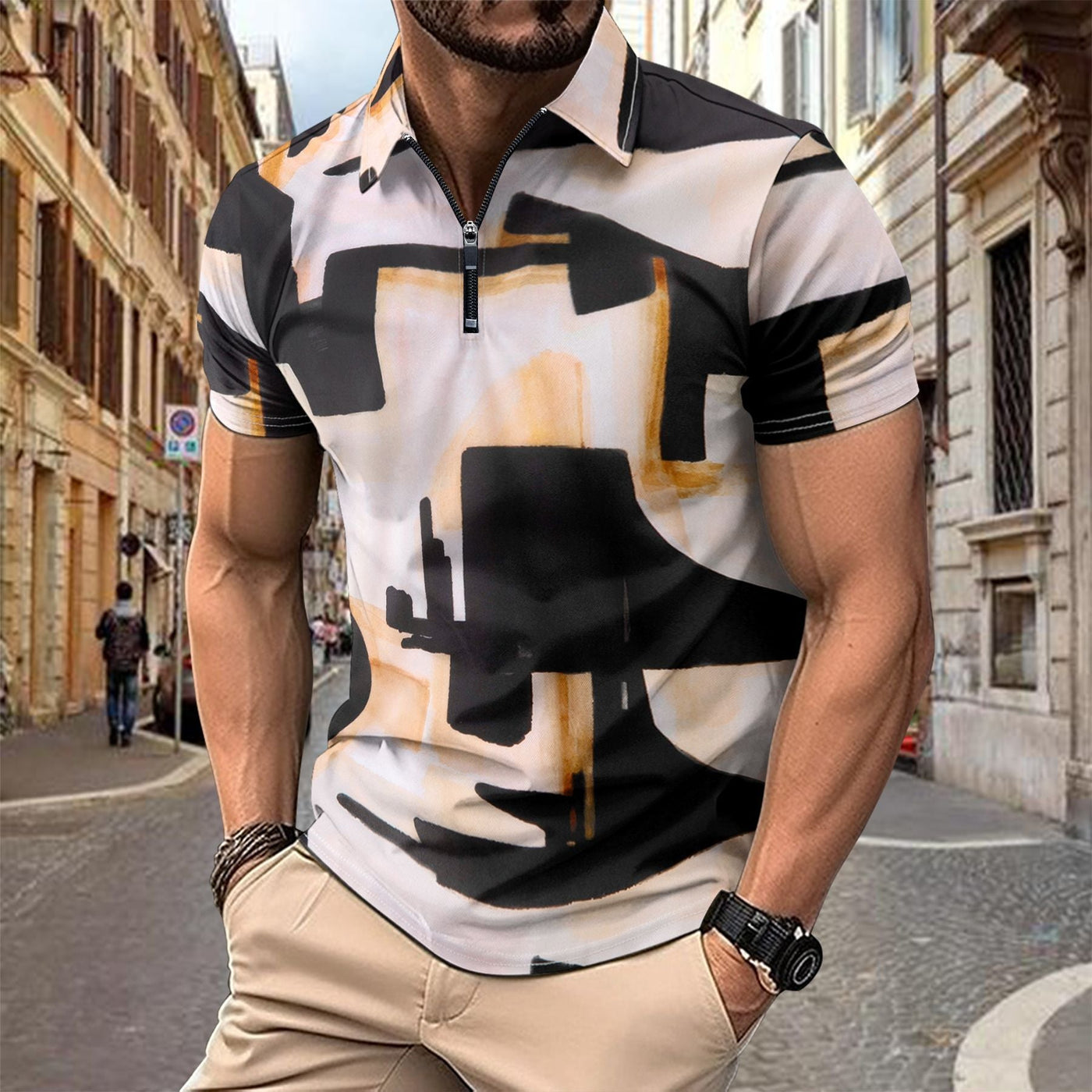 Men’s Short Sleeve Shirt – Slim Fit – Cotton Blend – Zip Neck – Abstract Print