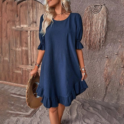 Women’s Midi Dress – Relaxed Fit – Ruffle Sleeves – Flowy Hem – Breathable Fabric