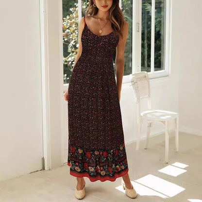 Women’s Maxi Dress – Floral Print – V-Neck Strappy – Flowy Boho Fit – Lightweight Fabric