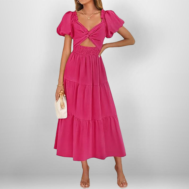 Women’s Long Dress – V-Neck – Puff Sleeve – Smocked Waist – Tiered A-Line Skirt