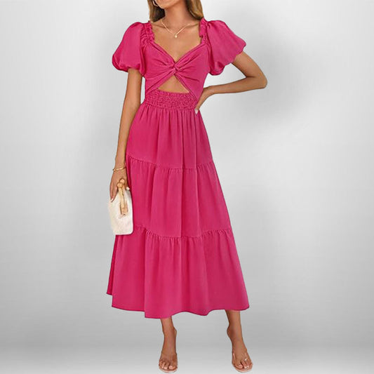 Women’s Long Dress – V-Neck – Puff Sleeve – Smocked Waist – Tiered A-Line Skirt