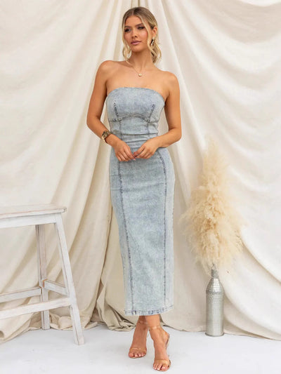 Women’s Strapless Midi Dress – Slim Fit – Structured Denim Panel Design
